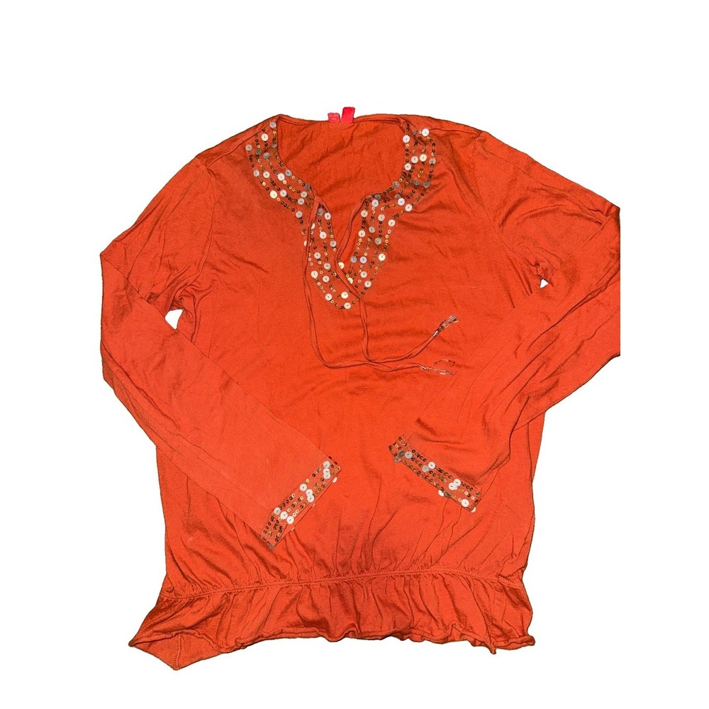 Esprit Vintage Shirt Boho Beaded Tassels Rust Cotton Long Sleeve Ruffle Bottom